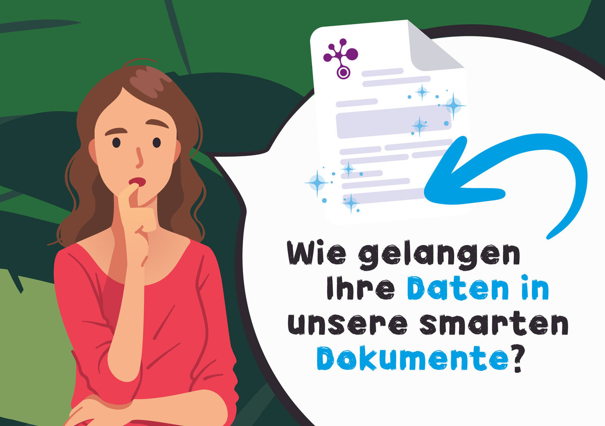 Vektorgrafik: Nachdenkliche Frau mit Sprechblase: Wie gelangen Ihre Daten in unsere smarten Dokumente?