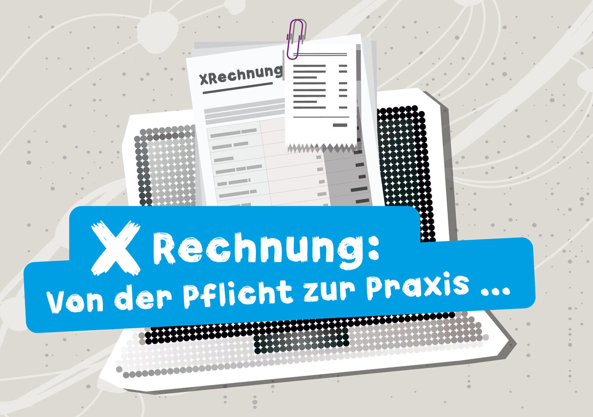 Vektorgrafik: Bildschirm mit Rechnungsbeleg und Text: Webinar: XRechnung: Von der Pflicht zur Praxis mit SmartDocuments