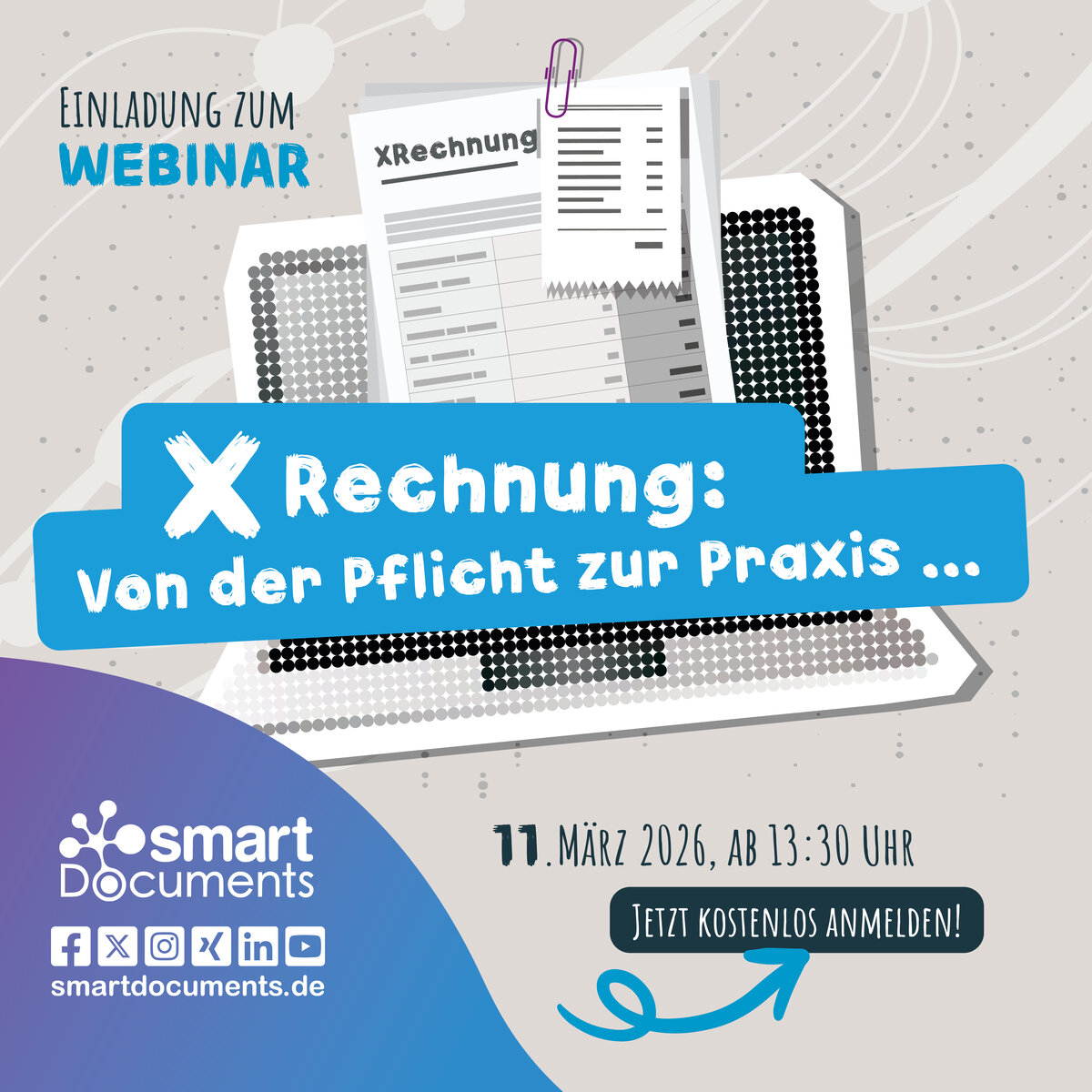 Vektorgrafik: Bildschirm mit Rechnungsbeleg und Text: Webinar: XRechnung: Von der Pflicht zur Praxis mit SmartDocuments