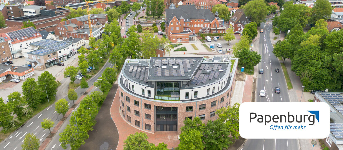 Luftaufnahme des neuen Verwaltungsgeb&auml;udes der Stadt Papenburg