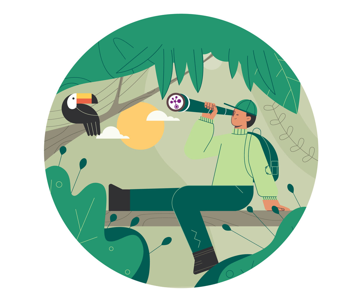 Vektorgrafik: Mann sitzt auf dem Baum im Dschungel mit Fernglas.