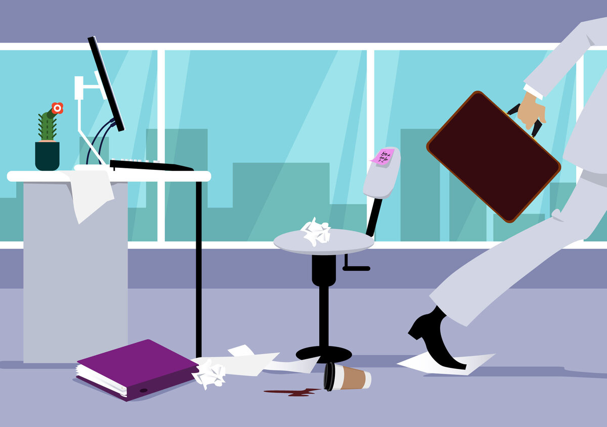 Vektorgrafik: Mann verl&auml;sst B&uuml;ro im Chaos