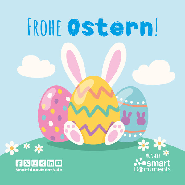 Vektorgrafik: Ostereier mit Osterhase und Text "Frohe Ostern w&uuml;nscht SmartDocuments!"