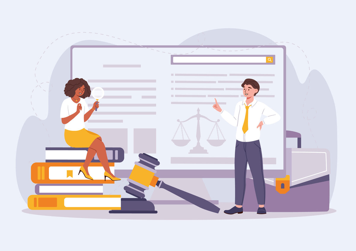 Vektorgrafik: Bildschirm mit Rechtsdokumenten, Anw&auml;lten und Gesetzesb&uuml;chern.