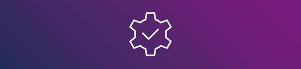 Icon graphic featuring a gear and a checkmark, symbolizing the successful implementation and configuration of digital processes.