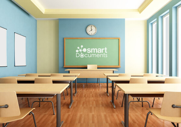 Modern training room with desks and a presentation board displaying the SmartDocuments logo, symbolizing training sessions, workshops, and knowledge transfer in the field of document automation.