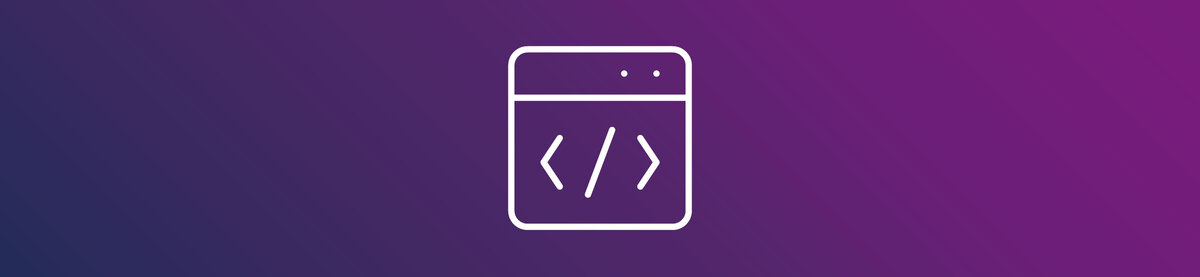 Ikongrafik med ett programmeringsf&ouml;nster och kodsymboler som representerar gr&auml;nssnittsutveckling och systemintegration.