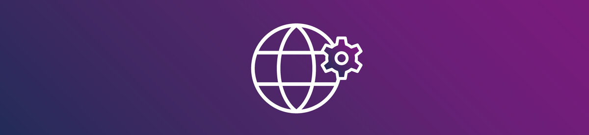 Globe icon with a gear on a purple gradient background. The graphic symbolizes a web service or REST API integration, as well as automated communication between applications over the internet.