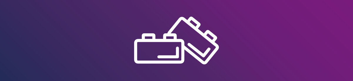 Symbolic representation of Building Block Management featuring two overlapping documents on a purple gradient background. The graphic symbolizes reusable content, centralized content management, and the efficient maintenance of document templates.