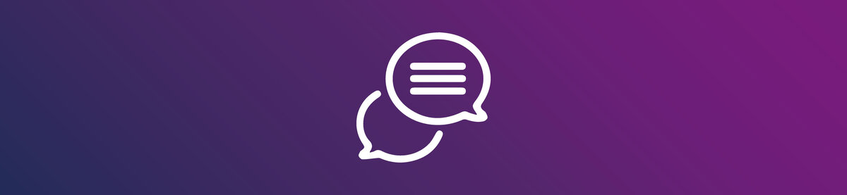Two speech bubbles on a purple gradient background. Represents guided document generation, user interaction, and automated document creation.