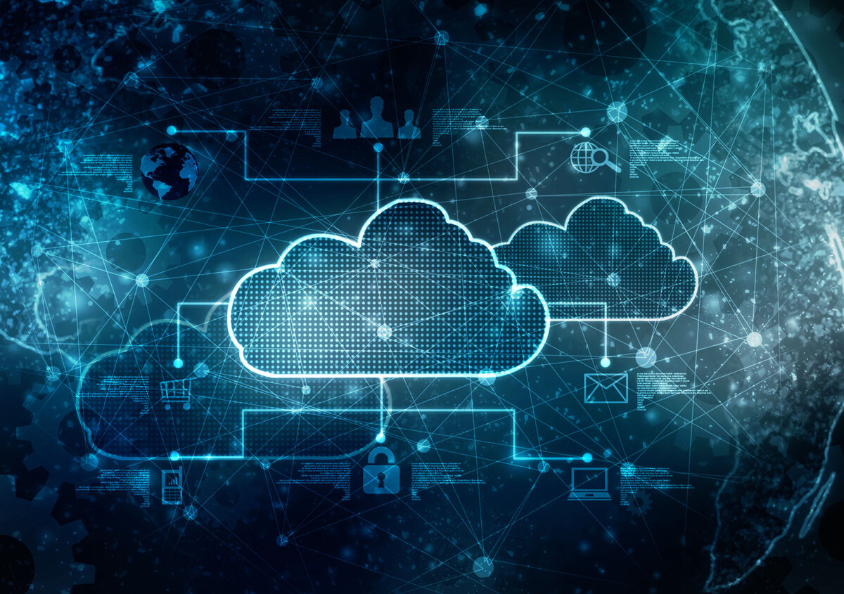 Multiple cloud icons connected to various systems and services through a digital network. The illustration symbolizes cloud computing, data exchange, system integration, and interconnected IT infrastructures.