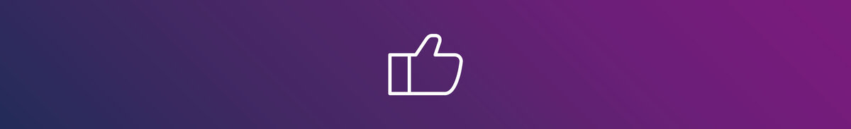 Thumbs-up icon on a purple gradient background. The graphic symbolizes positive attributes, key benefits, user satisfaction, and ease of use.