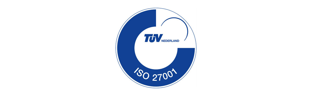 T&Uuml;V Nederland ISO 27001 certification logo in blue and white, indicating compliance with the ISO 27001 information security management standard.