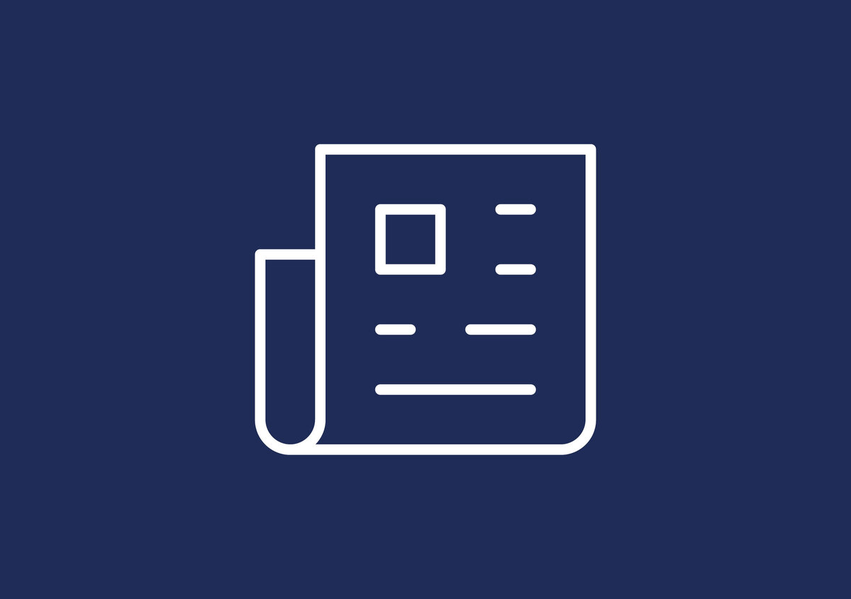 Newspaper icon on a dark blue background, representing news, updates, or company announcements.