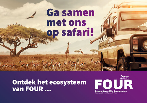 Bild vergr&ouml;&szlig;ern: Banner voor het SmartDocuments Klantevent 2026 met een safarivoertuig, wilde dieren en de boodschap: 'Ontdek het ecosysteem van FOUR