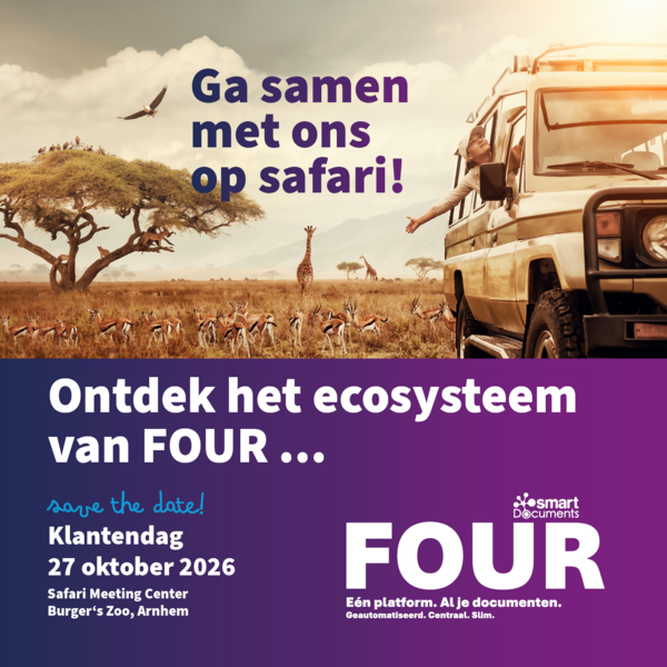Banner voor het SmartDocuments Klantevent 2026 met een safarivoertuig, wilde dieren en de boodschap: 'Ontdek het ecosysteem van FOUR
