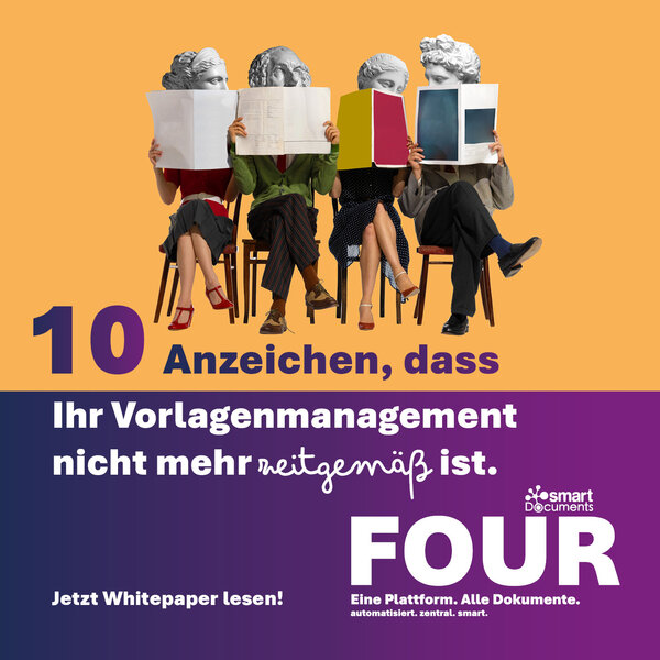 Personen mit Papierdokumenten und antiken B&uuml;stenk&ouml;pfen vor orangefarbenem Hintergrund als Symbol f&uuml;r veraltete Dokumenten- und Vorlagenprozesse.