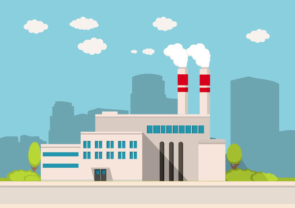 Vektorgrafik einer Fabrik mit zwei Schornsteinen.