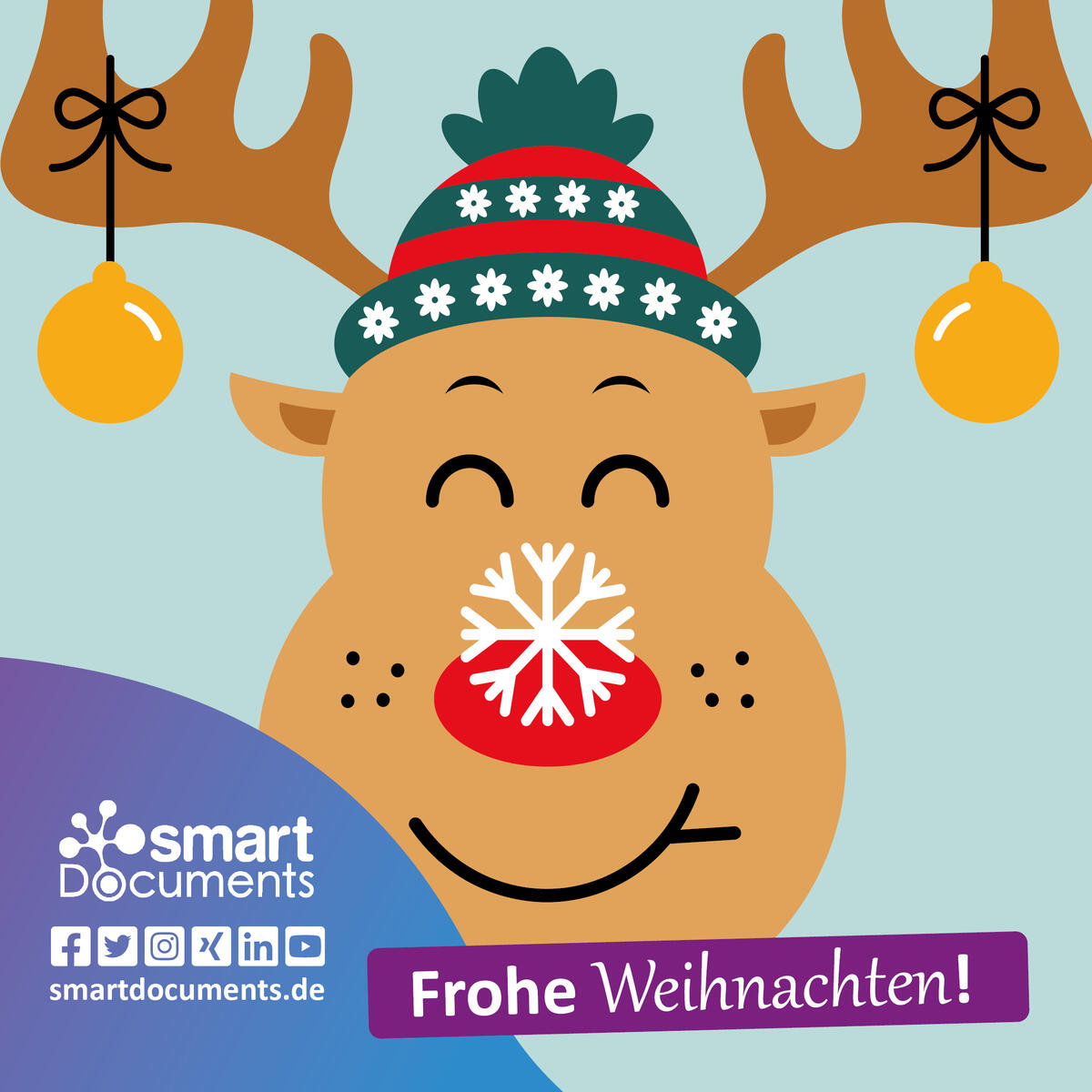 Christmas card. Cartoon deer with snowflake on his nose on a blue background. Vector clipart