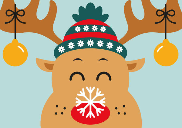 Christmas card. Cartoon deer with snowflake on his nose on a blue background. Vector clipart