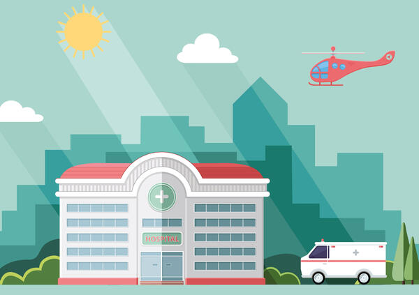 Vektorgrafik eines Krankenhauses. Vor dem Krankenhaus parkt ein Notarztwagen und über dem Krankenhaus schwebt ein Helikopter.