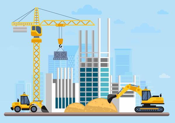 Vektorgrafik: Darstellung einer Baustelle eines Hochhauses mit Kran, Bagger und Sandhügel.