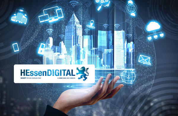 Vektorgrafik Hand, die digitale Stadt präsentiert. Schriftzug: Fachkongress HEssen DIGITAL am 08. März 2023 in Bad Homburg unter dem Motto: "Kickoff für den digitalen Staat"