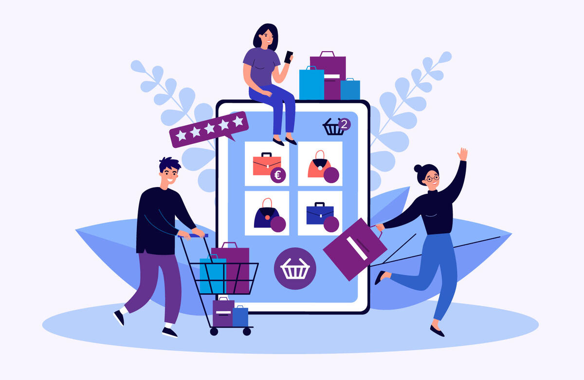 Vektorgrafik in der ein Smartphone beim Onlineshopping dargestellt ist, Davor ist eine Person mit Einkaufswagen dargestellt. Darüber hinaus sind noch zwei weitere Personen abgebildet, die Einkaufstaschen in der Hand halten.