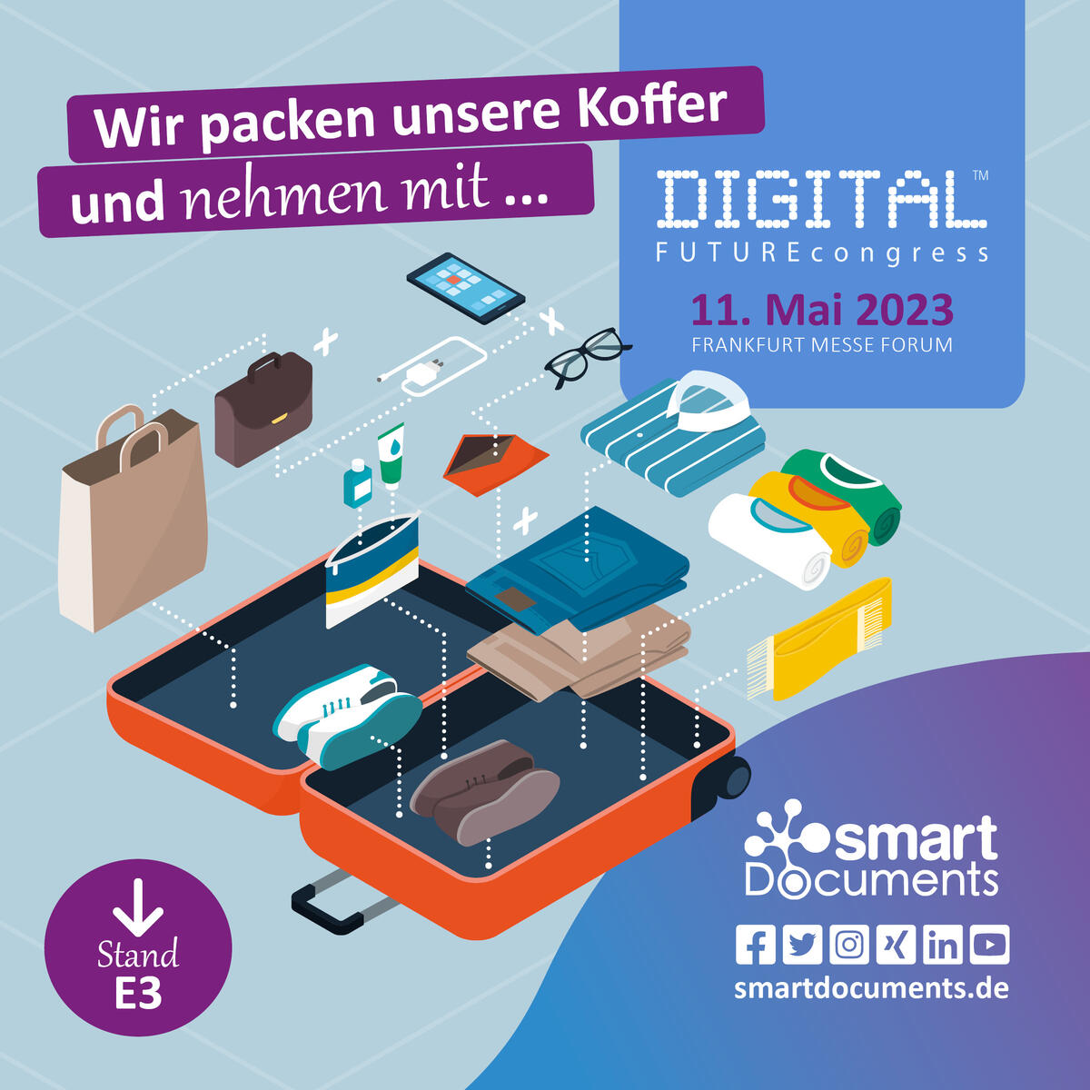 Vektorgrafik mit Koffer, der mit Hose, Pullover, Smartphone, Schuhe und sonstigem gepackt wird. Text: Wir packen unsere Koffer und nehmen mit ... - Los geht's zum DIGITALFUTUREcongress 2023