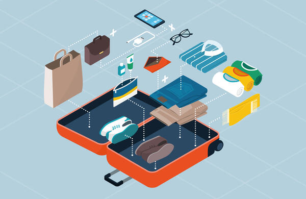 Vektorgrafik mit Koffer, der mit Hose, Pullover, Smartphone, Schuhe und sonstigem gepackt wird. 