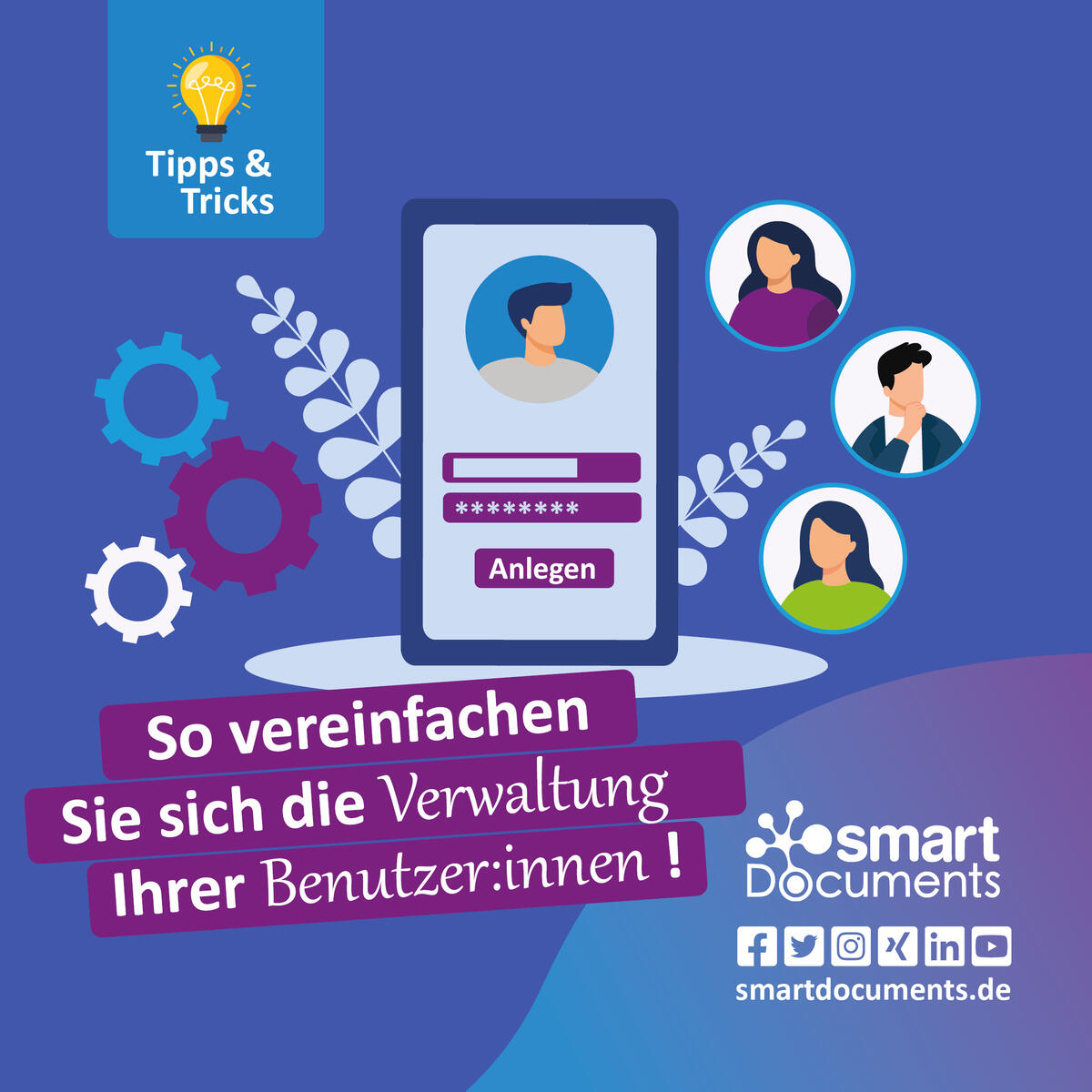 Vektorgrafik mit Darstellung Bildschirm auf dem ein Benutzerlogin abgebildet ist. Linkes neben dem Smartphone sind unterschiedliche Zahnräder, rechts davon sind Benutzer dargestellt.