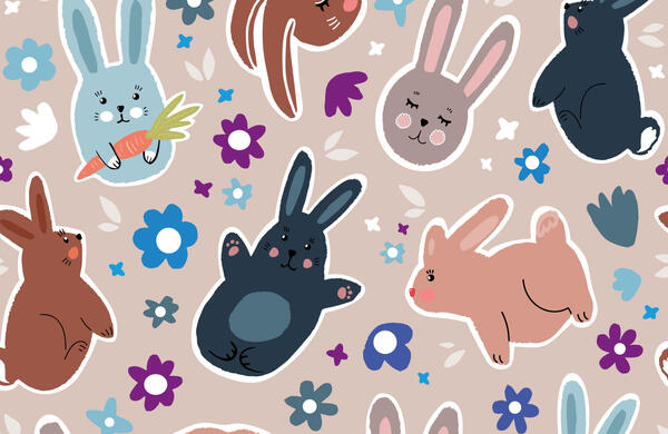Vektorgrafik: Osterhasen, Blumen und Ostereier