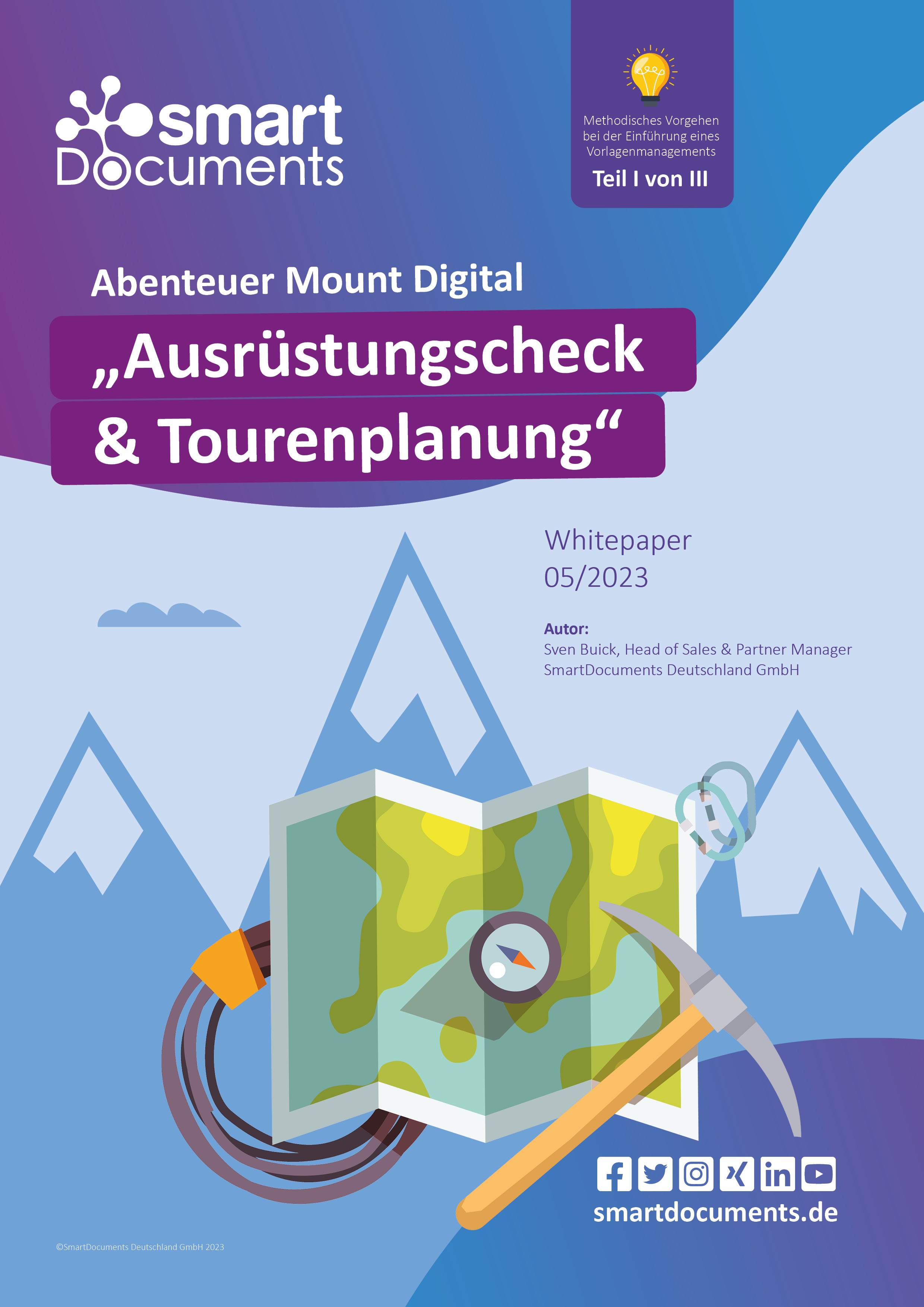 Titelbild des Whitepapers mit SmartDocumenst Logo und Vektorgrafik einer Wanderkarte, Seil, Eispickel und Kompass. Im Hintergrund Berge. Text: Whitepaper 05/2023 Abenteuer Mount Digital Teil I !Ausrüstungscheck & Tourenplanung"