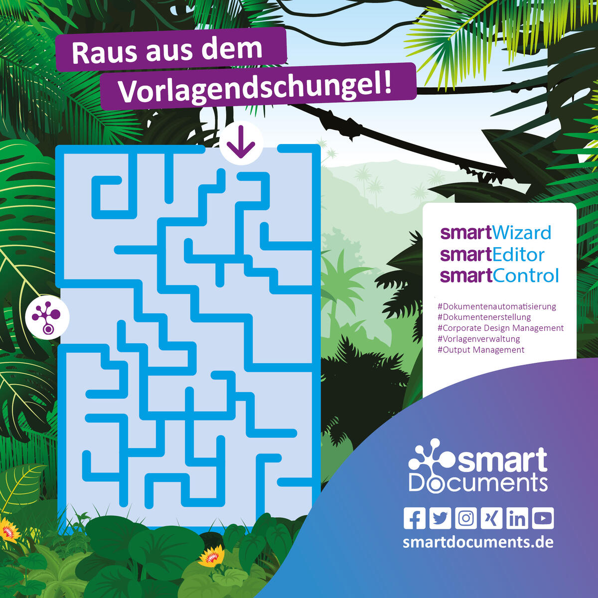 Vektorgrafik Dschungel mit Labyrinth und Text: Raus aus dem Vorlagendschungel!