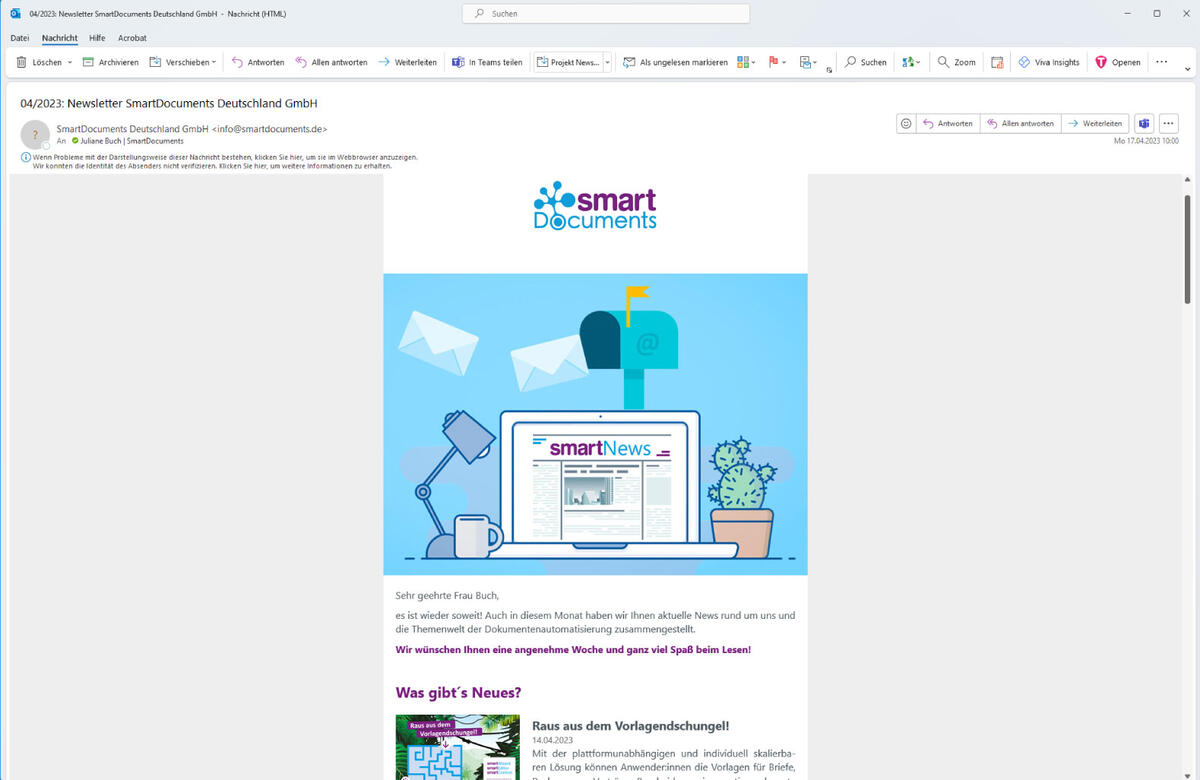 Screenshot Newsletter SmartDocuments Deutschland GmbH Ausgabe 04/2023