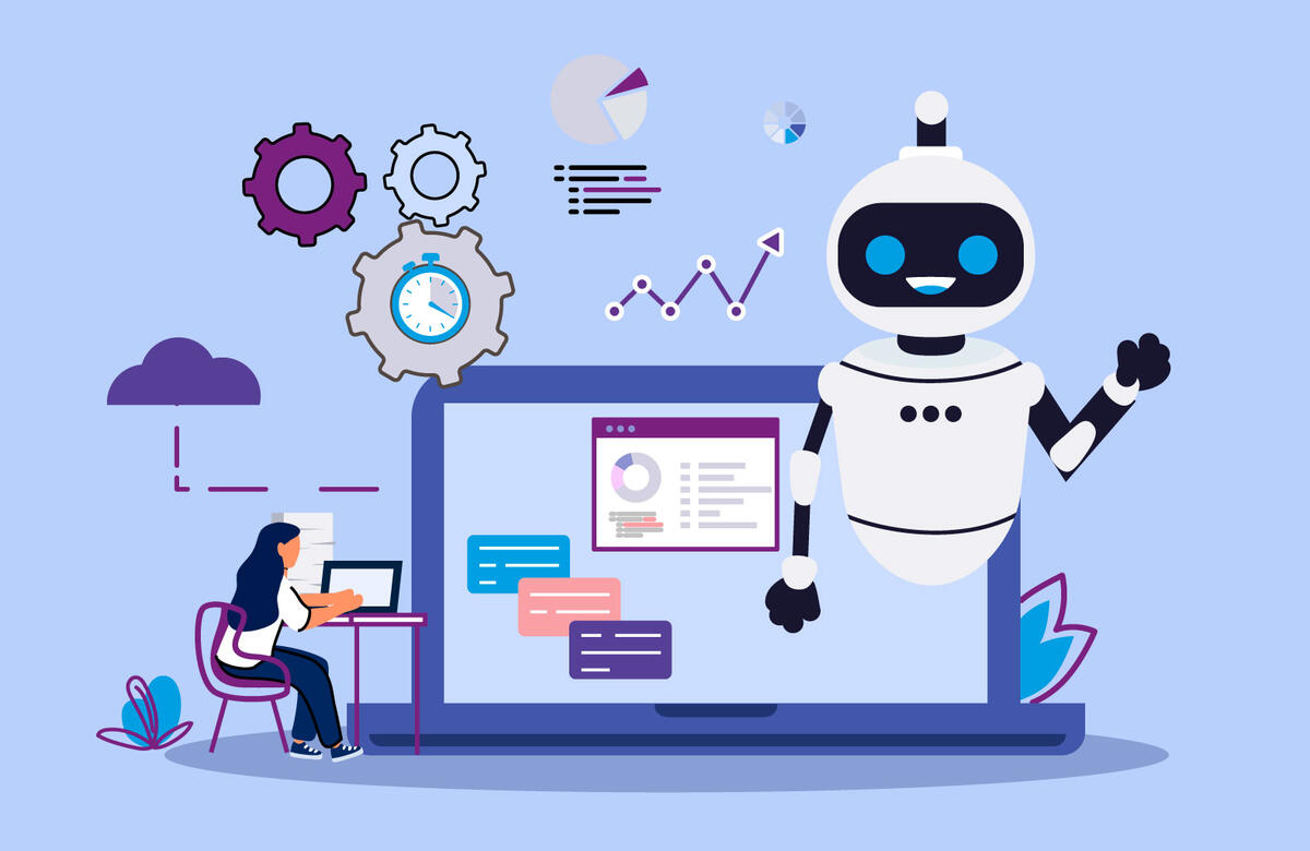 Vektorgrafik: Bildschirm mit Mitarbeiter:in und einem Roboter als abstrakte Darstellung für Automatisierung im Büroalltag
