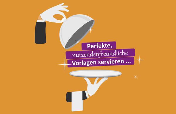 Vektorgrafik Hände mit einem Tablett in der Hand und dem Schriftzug Perfekte, nutzendenfreundliche Vorlagen servieren...