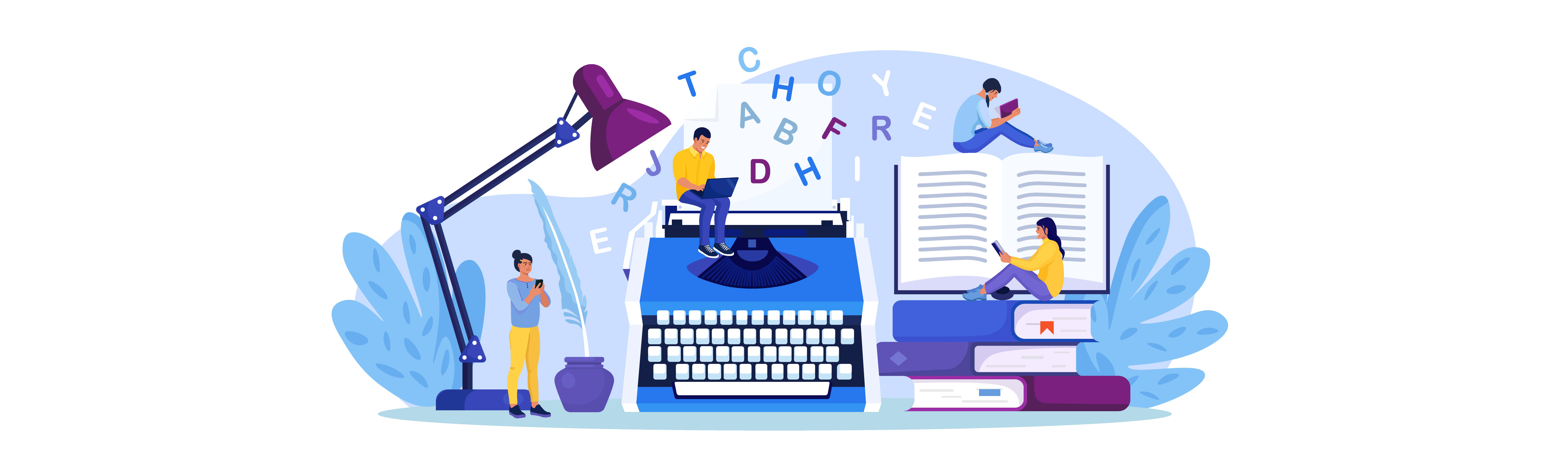 Vektorgrafik mit Schreibmaschine, Schreibtischlampe und Büchern