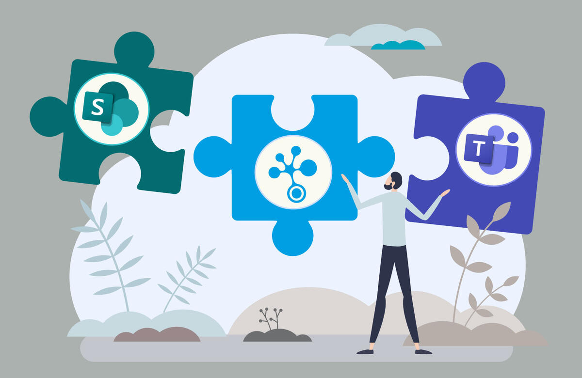Vektorgrafik. 3 Puzzelteile, die ineinander passen. Links mit Microsoft SharePoint-Logo, mittig SmartDocuments und rechts Microsoft Teams Logo