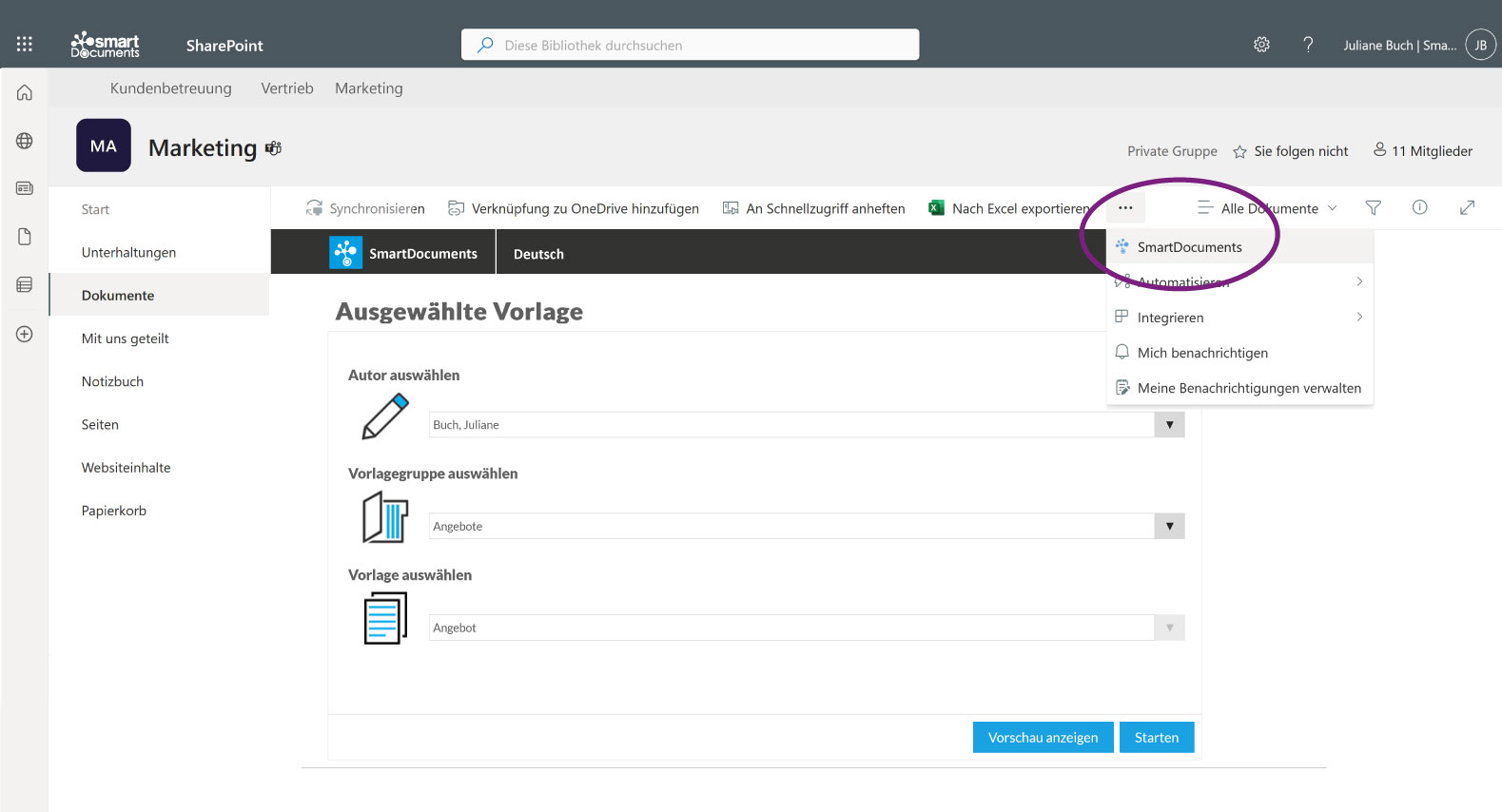 Bild vergrößern: Screenshot SharePoint-Integration SmartDocuments