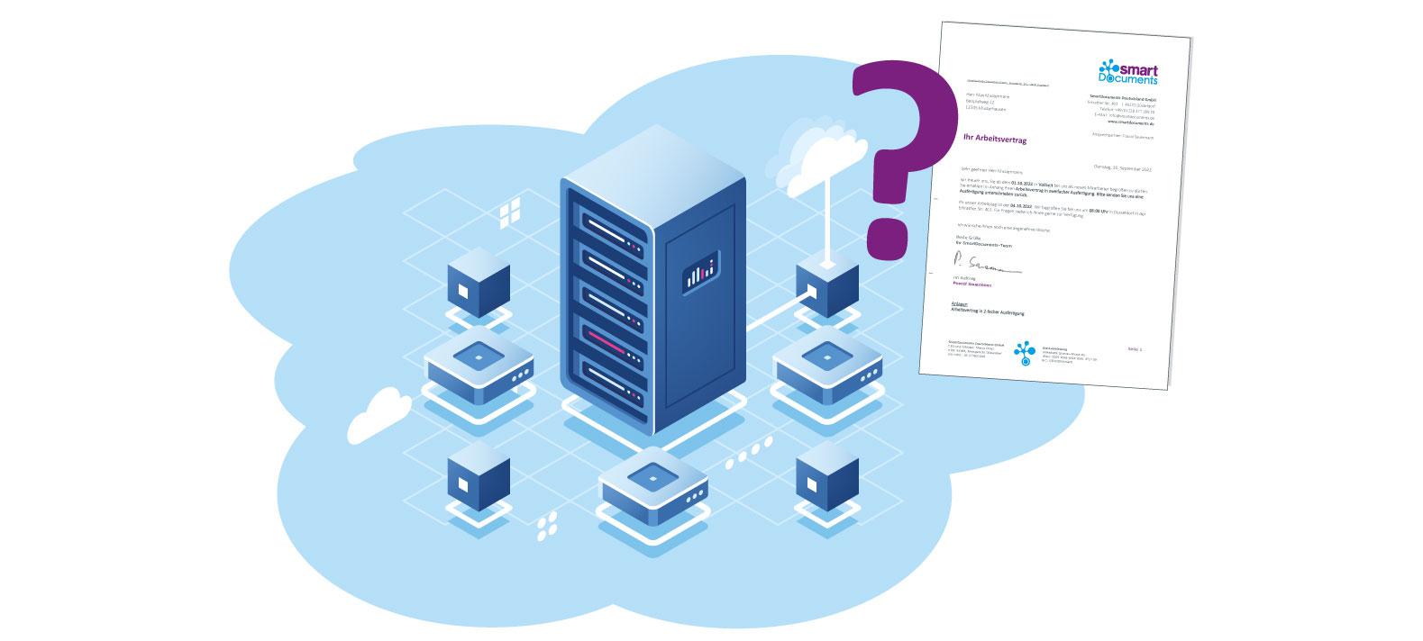 Vektorgrafik: Darstellung Datenbank, Abbildung SmartDocuments-Dokument und ein ?