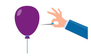 Icon Luftballon und Hand, die mit einer Nadel auf den Luftballon zugeht.