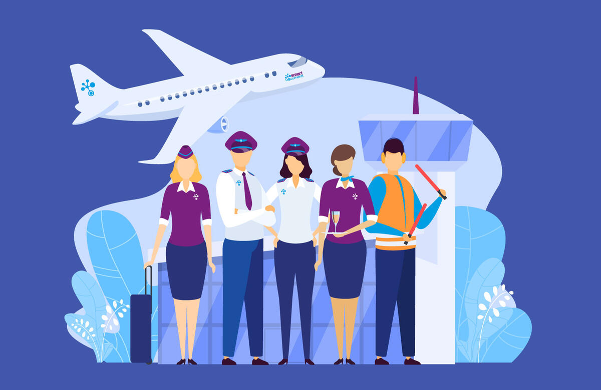 Vektorgrafik: Darstellung Crew der SmartAirline inkl. Flugzeug