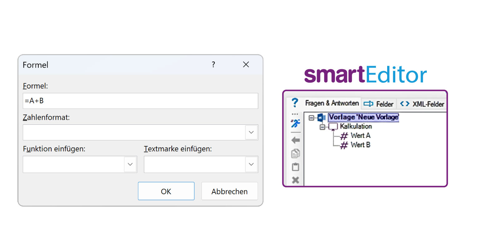 Bild vergrößern: Screenshot links: Anwendungsfenster "Feldfunktion Microsoft Word" Screenshot rechts: Anwendungsfenster SmartEditor SmartDocuments-Frage