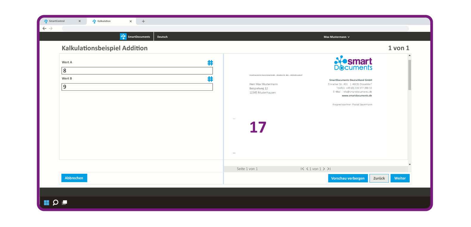 Bild vergrößern: Screenshot der Anwendung SmartWizard. Links werden die Werte A und B ins Nummernfeld eingetragen, rechts erscheint in der Vorschau das Ergebnis.