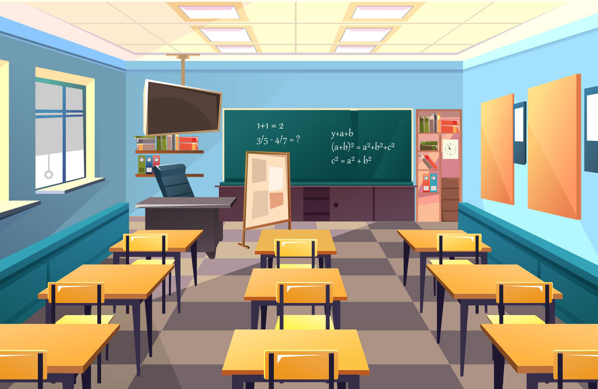 Vektorgrafik mit Klassenzimmer. Auf der Tafel stehen mathematische Gleichungen