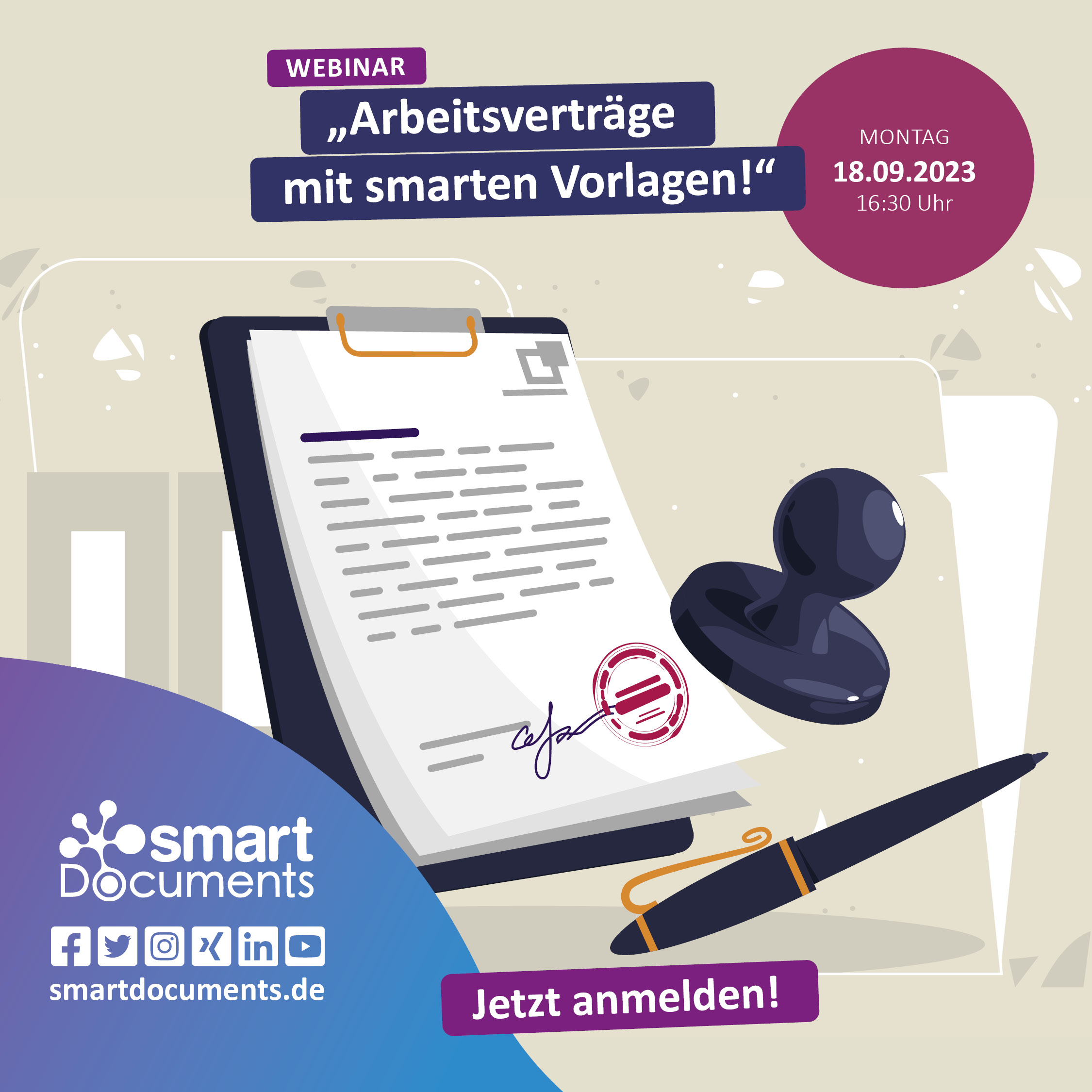 Webinar: Arbeitsverträge mit smarten Vorlagen am 18.09.2023 Jetzt anmelden