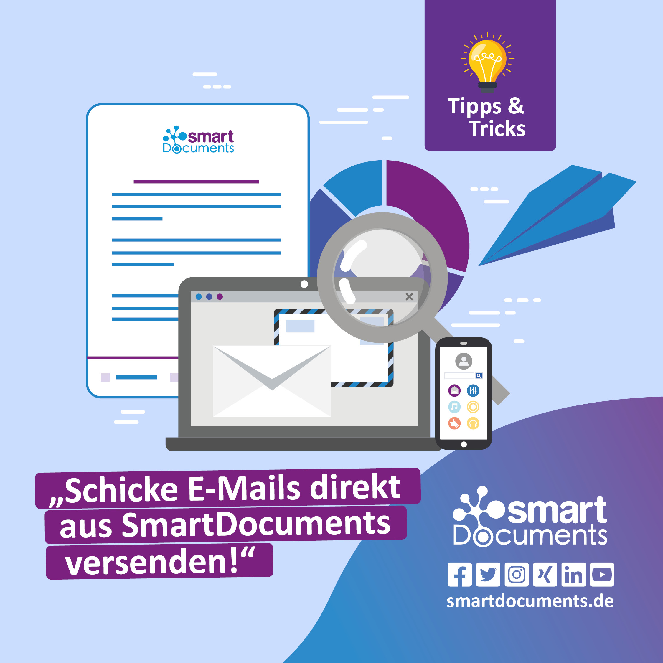 Vektorgrafik, E-Mail, Dokument, Rechner und Smartphone mit Text: "Tipps und Tricks: Wie Sie schicke E-Mails direkt aus SmartDocuments versenden!" sowie dem Logo SmartDocuments
