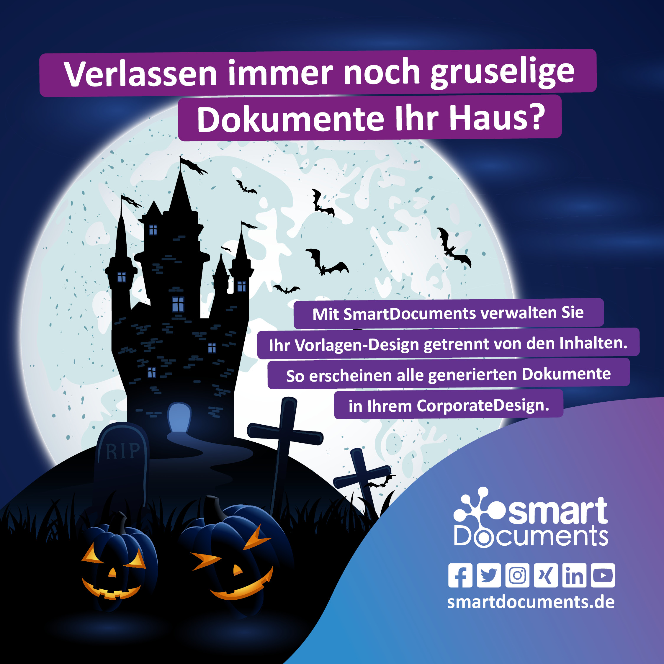 Vektorgrafik: Geisterhaus auf einem H&uuml;gel im Mondschein.

Slogan: "Verlassen immer noch gruselige Dokumente Ihr Haus? Mit SmartDocuments verwalten Sie Ihr Vorlagen-Design getrennt von den Inhalten. So erscheinen alle Ihre generierten Dokumente in Ihrem Corporate Design."