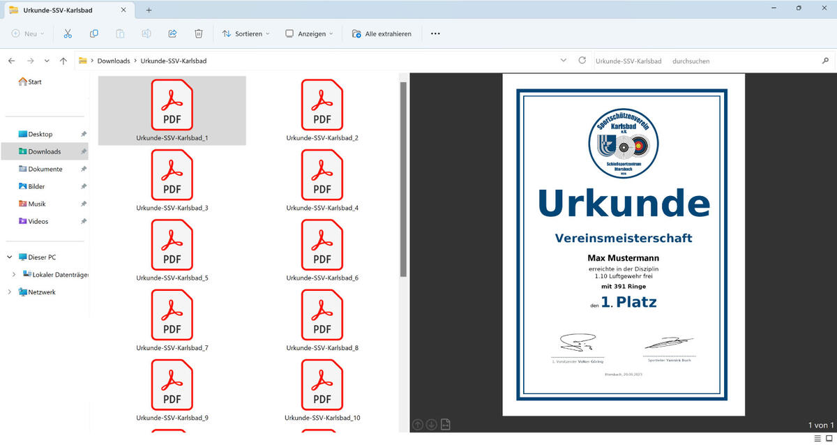 Bild vergrößern: Screenshot zip-Datei mit generierten Urkunden im PDF-Format